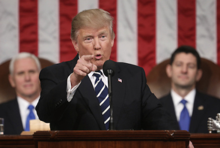 US President Donald J. Trump delivers his first address to a joint session of Congress from the floor of the House of Representatives in Washington, DC, USA, 28 February 2017.  Traditionally the first address to a joint session of Congress by a newly-elected president is not referred to as a State of the Union.