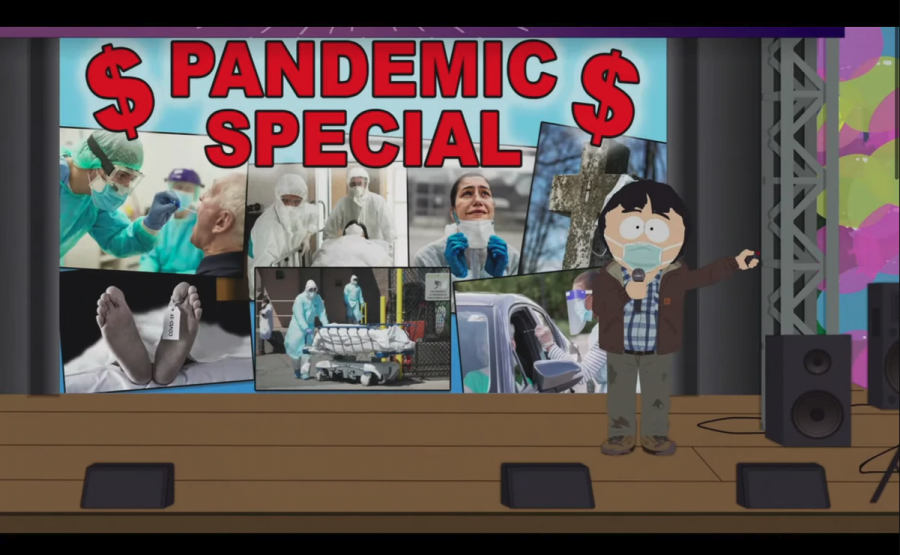 South Park character Randy Marsh presents his idea of the Pandemic Special in front of the town of South Park.