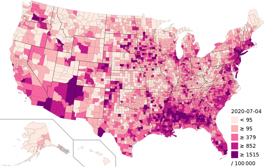 A COVID-19 Outbreak Map of the USA, per 100,000 residents for each county.
