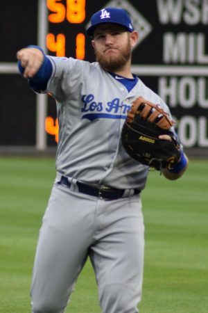 Max Muncy warms up before game 2 of the World Series on Oct. 21.