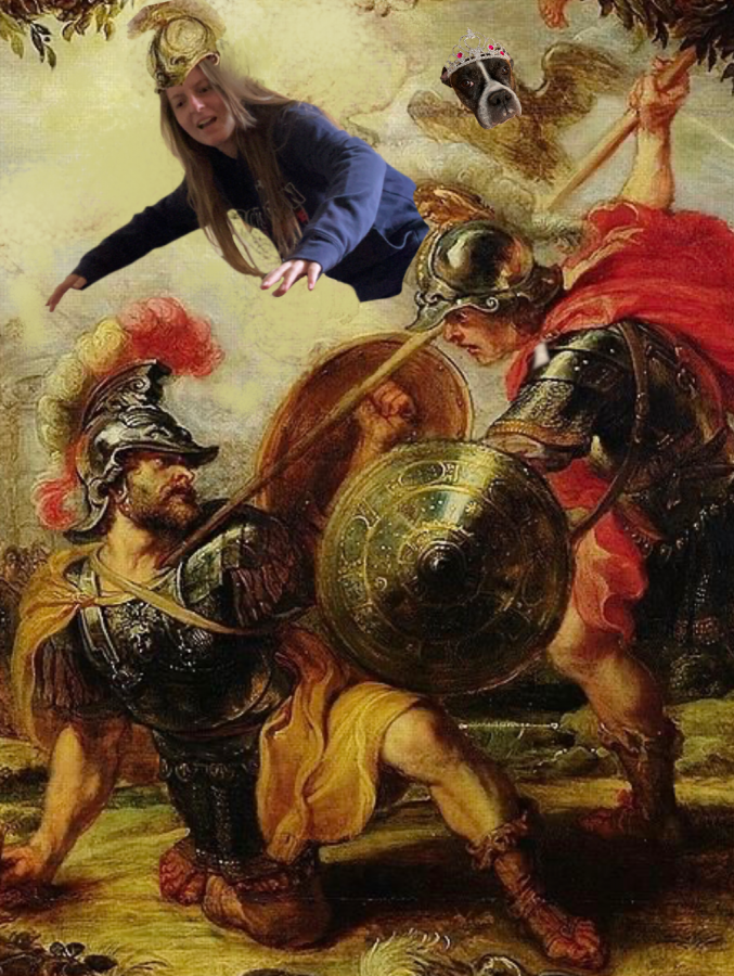 Junior Anna Keneally and her dog Luna use their godly powers to watch as Achilles defeats his enemy.