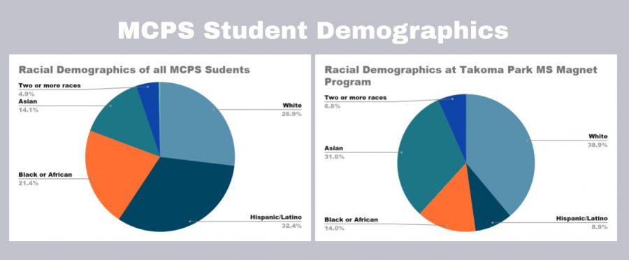 The racial makeup of competitive mathematics, science, and computer science magnet program at Takoma Park MS reveals how Asian and white students are overrepresented in the program, compared to county-wide demographics.