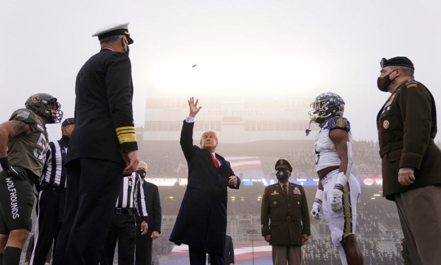 President+Donald+Trump+flips+the+coin+for+the+anticipated+Army+Navy+football+game.
