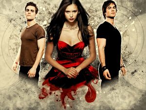 The main cast of The Vampire Diaries, Paul Wesley, Nina Dobrev and Ian Somerhalder. The Vampire Diaries is popular with students. It first aired in 2009 and was taken off air in 2017, but is now available on streaming applications.