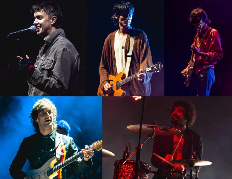 A collage of The Strokes live shows between 2019-2020. From left to right - singer Julian Casablancas; guitarist Nick Valensi; bassist Nikolai Fraiture; guitarist Albert Hammond Jr.; drummer Fabrizio Moretti.