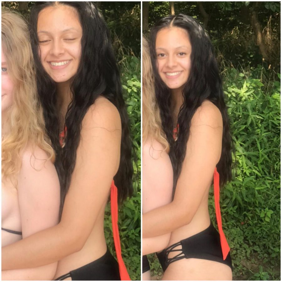 Senior Julia Goetz uses Photoshop skills learned from a Tik Tok to make her eyes in the original picture (left) appear open.