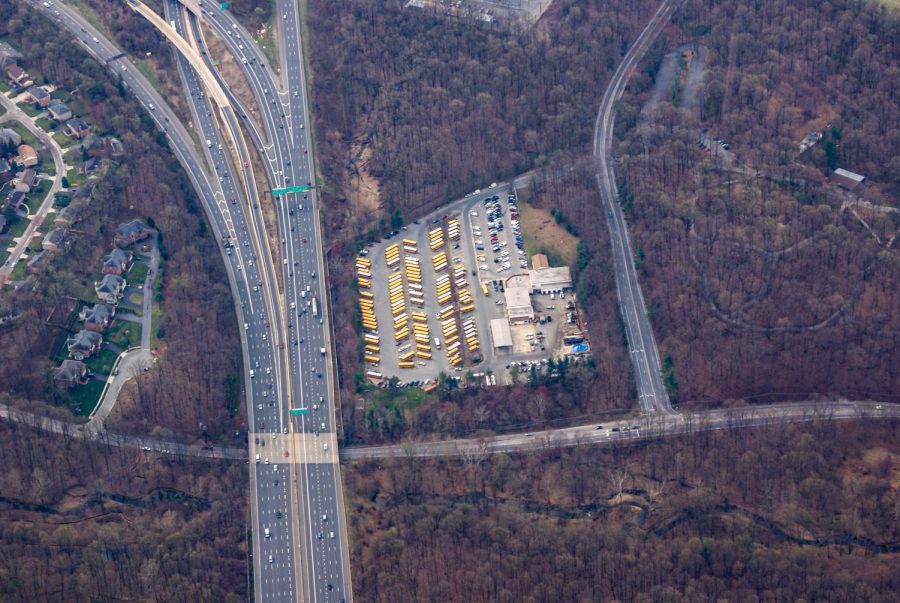 An aerial view of a bus lot owned by MCPS.