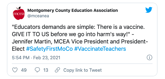 A tweet from the teachers union (MCEA) in response to the Boards decision to return students to schools before teachers are vaccinated.