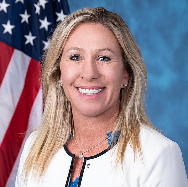 Marjorie Taylor Greene's official government portrait from the United States Congress. A Republican from Georgia's 14th Congressional District, Greene has been under scrutiny for her promotion of several disproven and outrageous conspiracies.