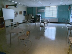 A typical classroom has roughly 12 desks that are placed six feet apart to ensure students safety.