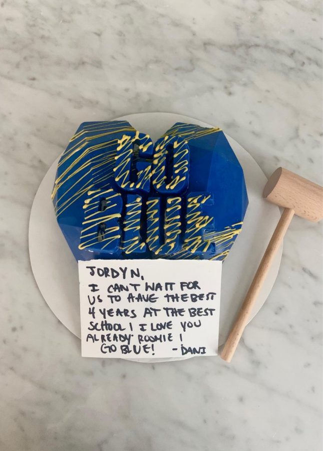 Senior Jordyn Delo received a gift and a note from her future roommate at the University of Michigan. The two met through social media and are getting to know each other before they move into their dorm room this fall.