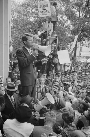 Senator Robert F. Kennedy speaks to Civil Rights demonstrators at the Justice Department.