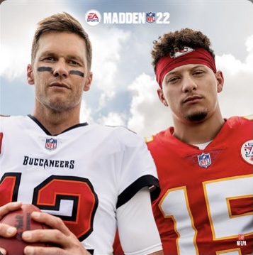 The EA Sports cover for Madden 22 showcases athletes Tom Brady and Patrick Mahomes.