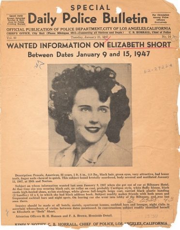 A wanted poster from 1947 shows an image of Elizabeth Short and asks for information on her disappearance.