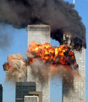 The World Trade Centers North Tower, engulfed in flames moments after American Airlines flight 11 strikes.