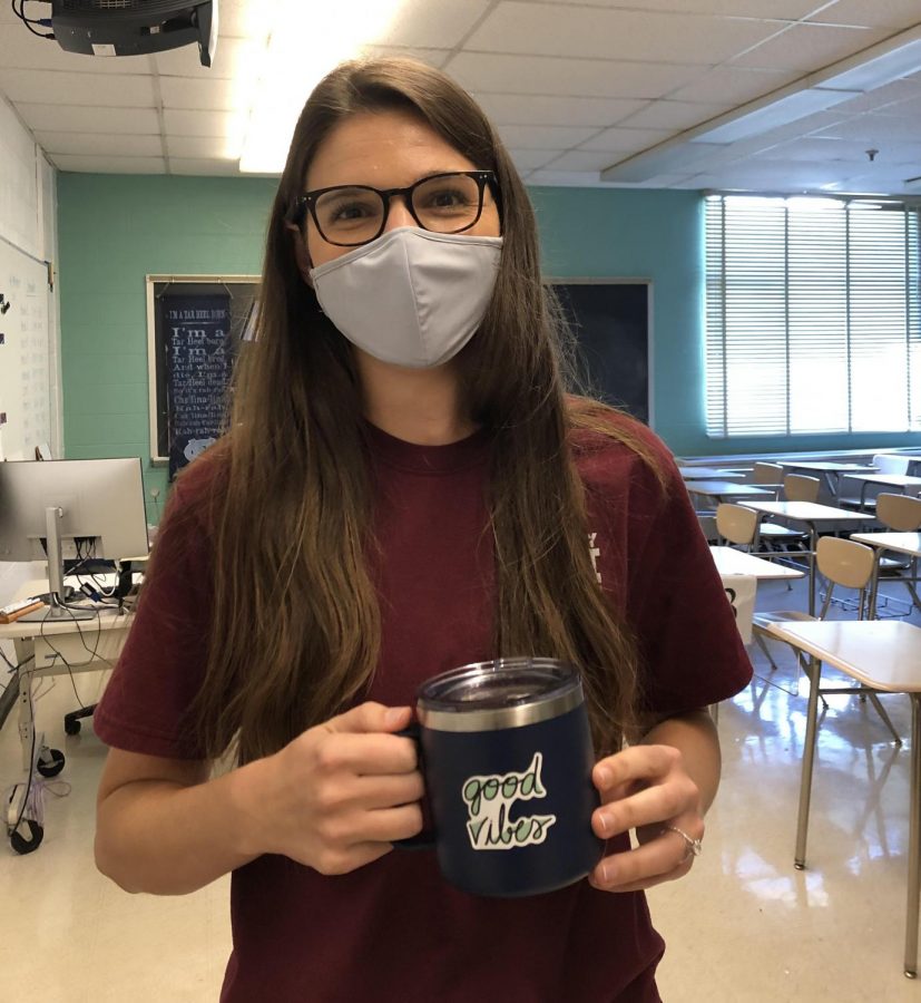 Math teacher Madison Averill drinks coffee in her classroom. Preferences in coffee can range from pre-made coffees to K-cups.