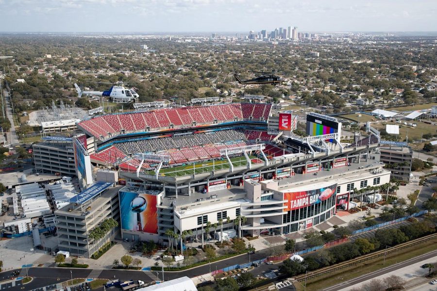 A helicopter flies over the Raymond James Stadium in Tampa, FL, prior to Super Bowl LV. The NFL has instated a new restriction against players taunting others on the field to combat the recent decrease in sportsmanship.