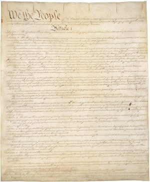 The United States Constitution establishes a federal government of three branches, each with its own checks against the others.