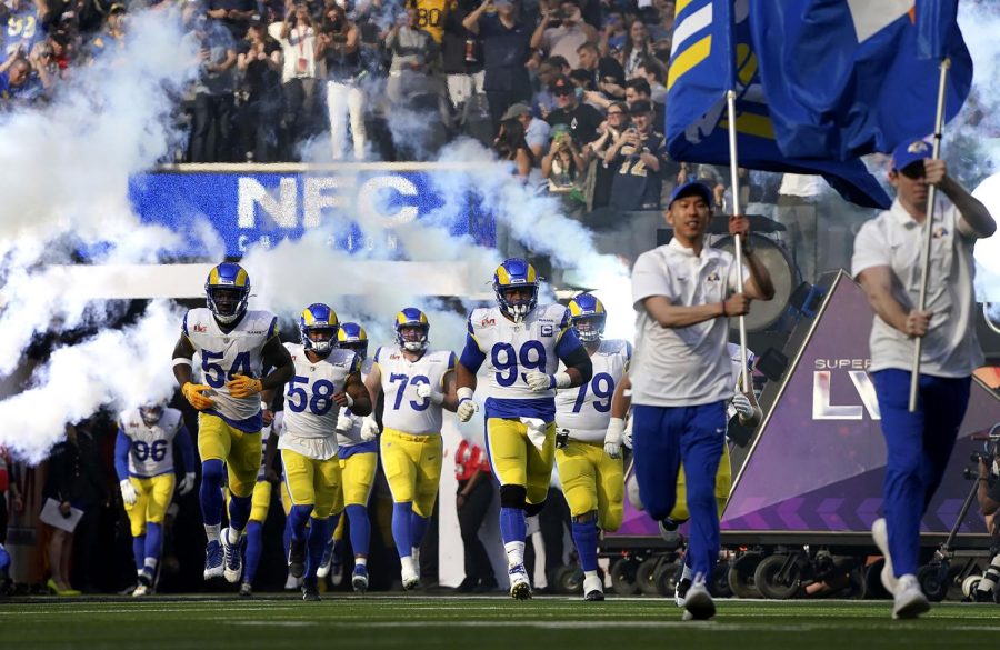 Los Angeles Rams run out of the locker room on Feb. 13, before the game against the Cincinnati Bengals.