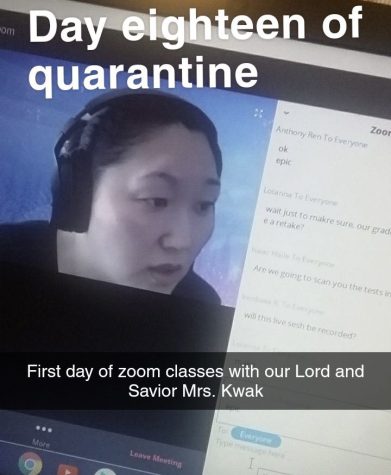 Math teacher Miim Kwak holds one of the first live classes on Zoom after learning went virtual in March 2020. Her students appreciated her dedication with a hyperbolic caption.