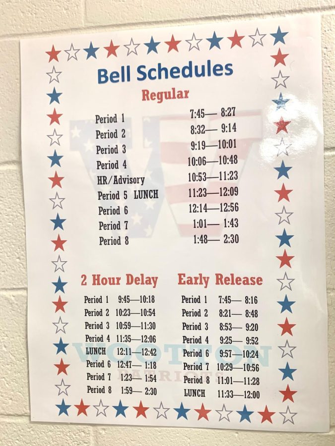 The new bell schedule is posted in each classroom for students and staff to refer to.