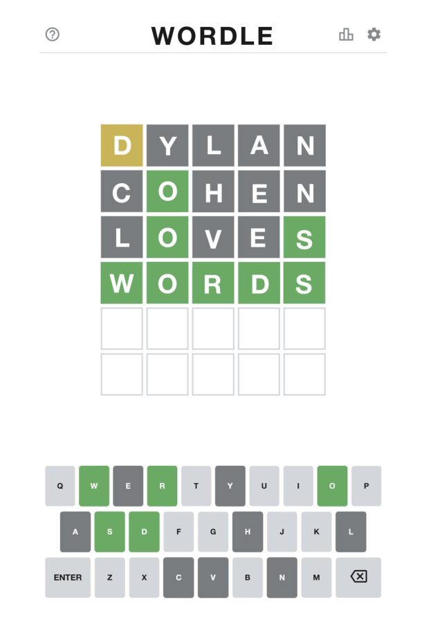 An example of the progression of a Wordle game. A green letter on the keyboard indicates a letter in the correct spot, and dark grey indicates a letter that is not in the word. Yellow indicates a letter present but in the wrong spot.