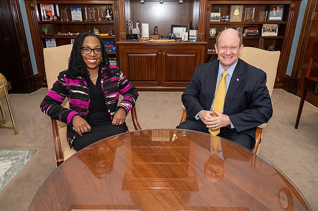 Judge Ketanji Brown Jackson meets with Delaware Senator Chris Coons following her nomination to the Supreme Court.