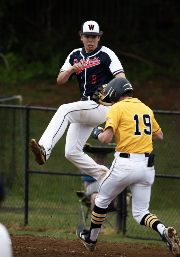 First baseman Jack Mehler tries to make the tag on BCC on Apr. 26.