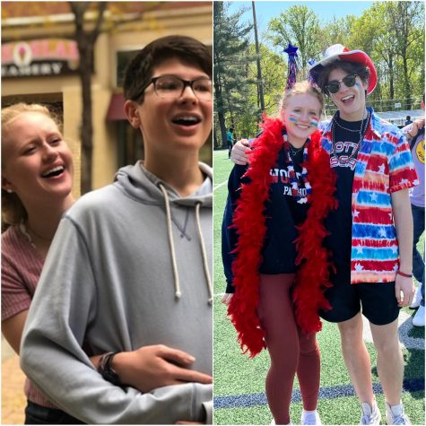 Seniors Ellie Cowen and Nico DePalma spend time at Rockville Town Center as freshmen (left) and dress in their class colors for the last pep rally of senior year (right).