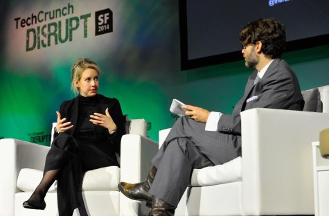 Theranos Chairman, CEO and Founder Elizabeth Holmes and TechCrunch writer and moderator Jonathan Shieber speak onstage at TechCrunch Disrupt at Pier 48 on Sept. 8, 2014