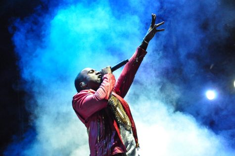 Rapper Kanye West performs live in concert.