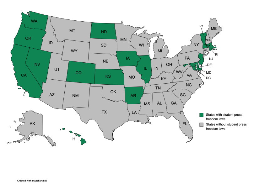 This map indicates in green the states that have enacted legislation protecting student press freedoms. States in gray do not provide full First Amendment rights to students.