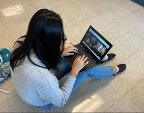 Before school, sophomore Rebecca Gao looks at promotional posters for Cobra Kai season five. 