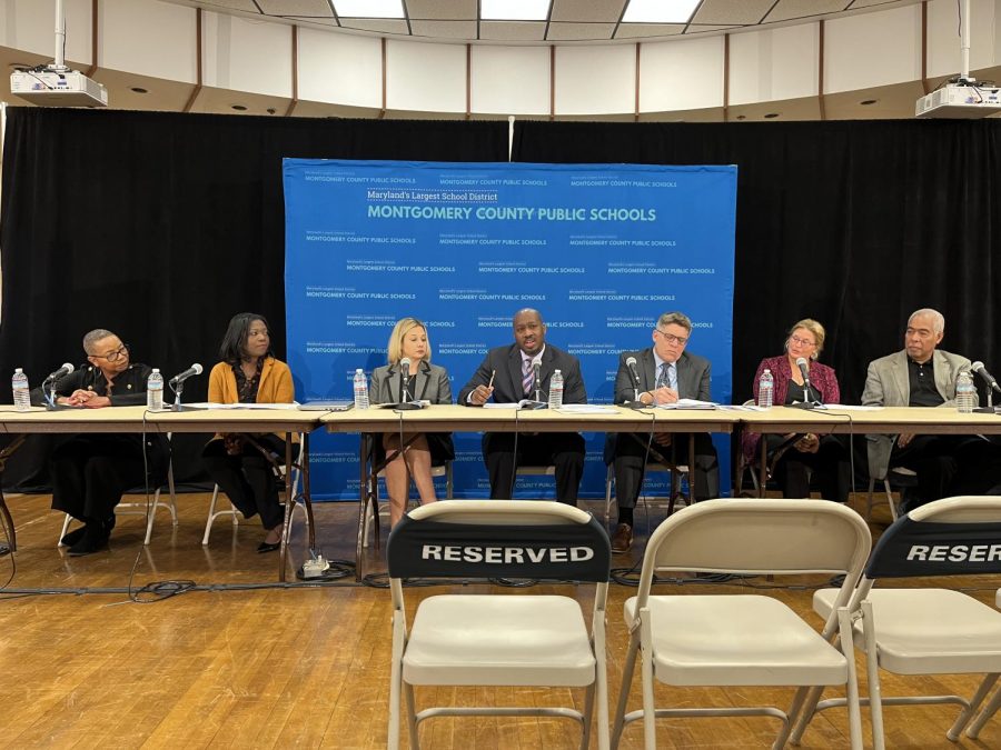 On Oct. 10, county representatives answered questions regarding the Anti-Racism Audit, which was released the following day. Pictured (from left): Brenda Wolff (Board President), Dr. Monifa Mcknight (Superintendent), Stephanie Sheron (Chief of Strategic Initiatives),  Dr. Anthony R. Alston (MAEC), John Landesman (Office of Strategic Initiatives), Carla Morris (Montgomery County Council of PTAs), Byron A. Johns (Montgomery County NAACP).