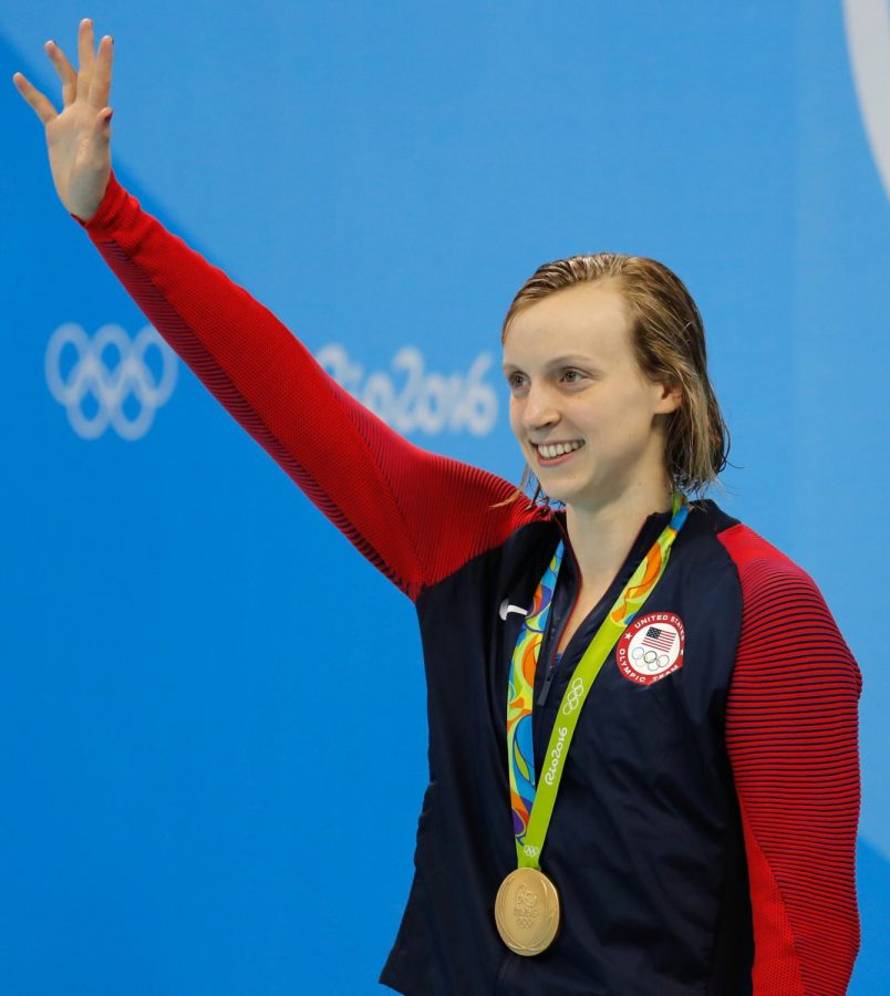 Katie Ledecky wears her gold medal after the 2016 Rio Olympics.