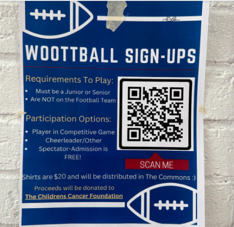 Woottball Sign-Up flyers are on the wall in the Commons. Students can scan the QR code to sign-up/register to play.