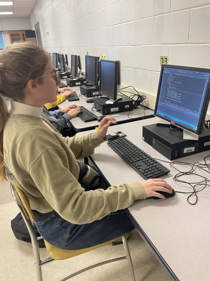 Freshman and AOIT memberJulia Kleinbussink works on code for a choice program that will create a fruit slot machine.
