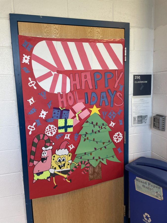 Students compete in a door-decorating contest among homeroom classes the week before winter break.