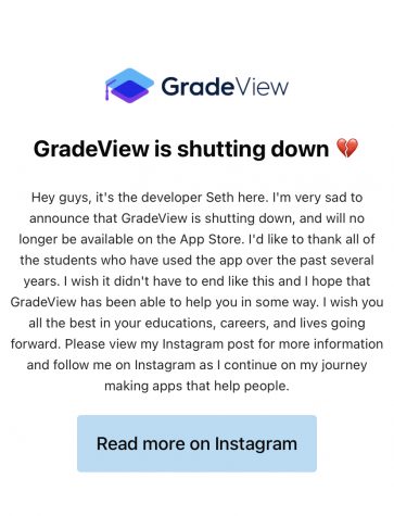 This screen appears when a student attempts to open the GradeView app.