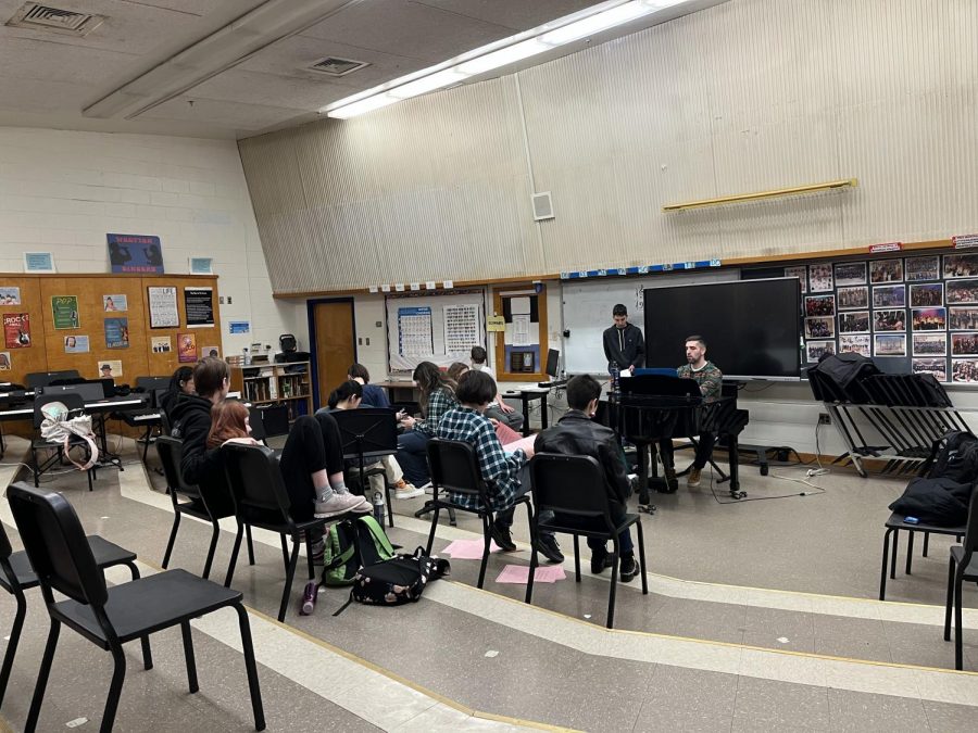 Music+teacher+Keith+Schwartz+rehearses+with+students+on+Feb.+7+for+the+schools+upcoming+musical+Charlie+Brown.+Schwartz+played+the+piano+while+students+practiced+singing+Beethoven+day%2C+a+song+featured+in+the+musical.+We+always+have+a+lot+of+fun+learning+music+for+shows+with+Mr.+Schwartz%2C+sophomore+Lexie+Lindauer+said.