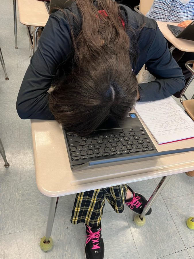 Junior Caroline Stasko takes a break in the middle of her homework after struggling to pay attention in class from tiredness.