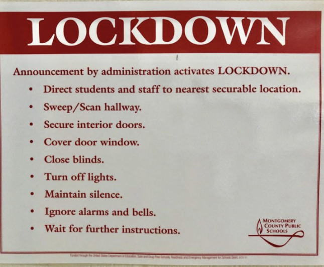Signs are hung around the school and classrooms to indicate instruction during a lockdown.