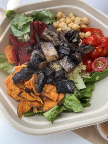 Sweetgreen sells healthy bowls at multiple locations in Montgomery County. This order contains quinoa, lettuce, sweet potato, mushrooms, tomatoes and chickpeas.