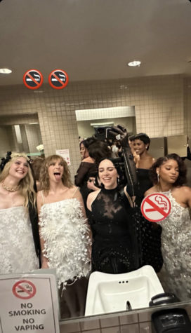 Celebrities Elle Fanning, Maya Hawk, Billie Eilish and Halle Bailey take a mirror selfie in the bathroom of the Met Gala on May 1.