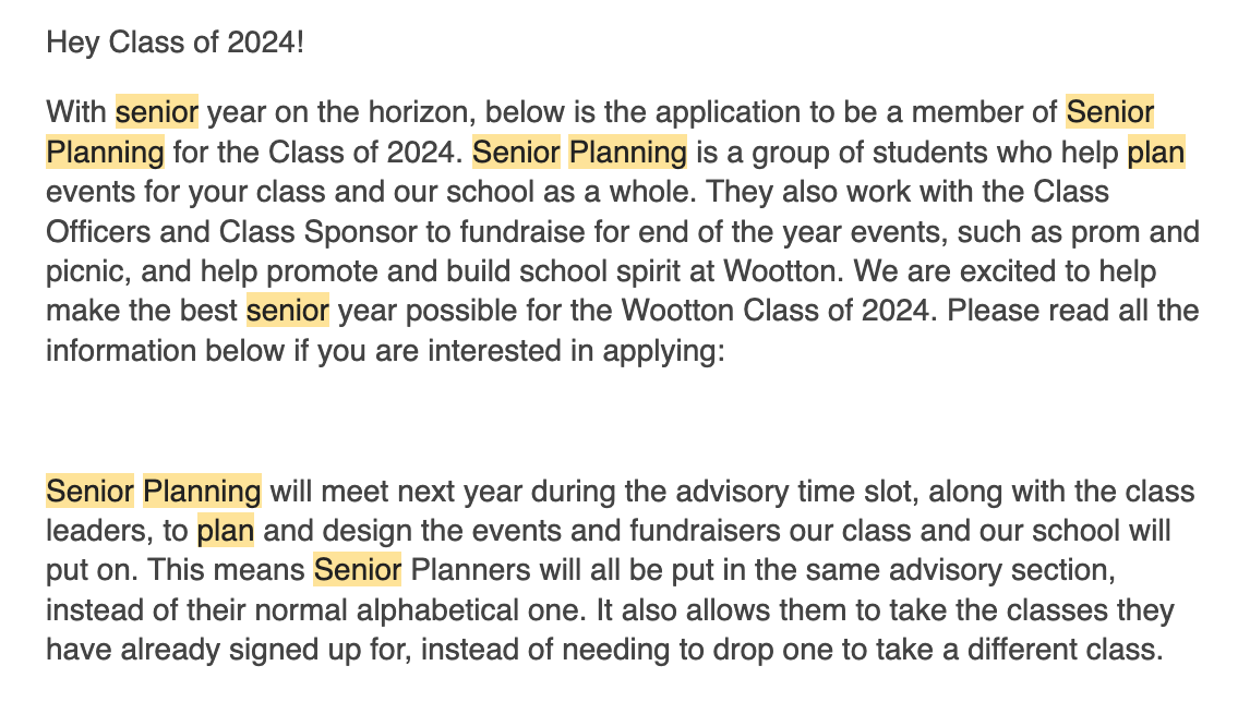 An email was sent out on May 1 telling students about the new structure of the senior planning class. It will now be an advisory period.