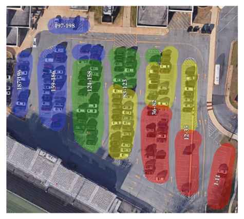 The four zones of parking referenced in the article, with blue being the best and red being the worst.