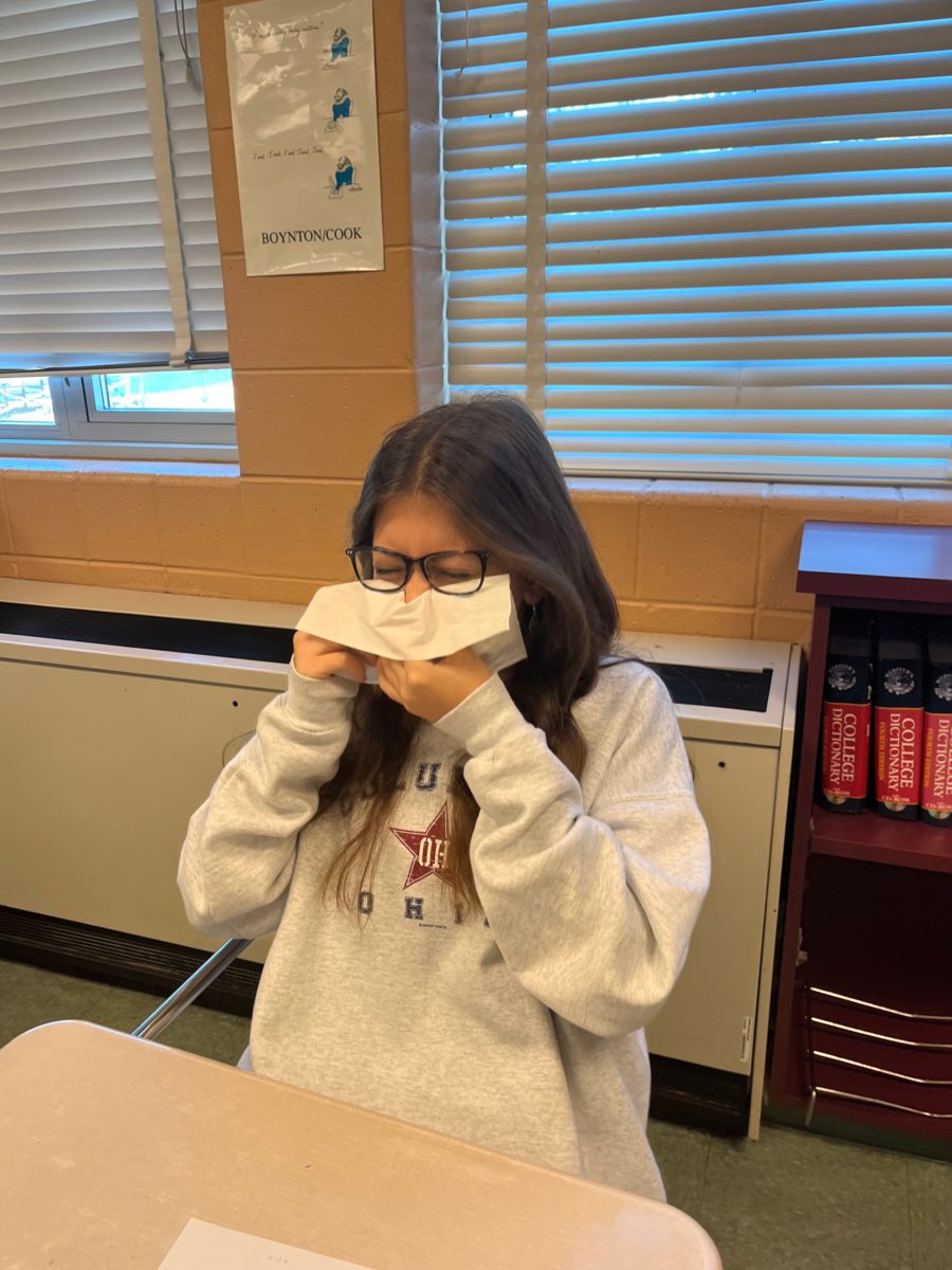 Sophomore Leila Alam sneezes in English class due to ongoing cold.
