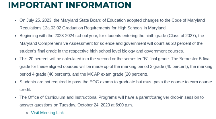 The new MCPS policy will make the end-of-the-year exam in biology and government classes worth 20% of the semester two grade. This policy comes into effect this school year starting with the Class of 2027.