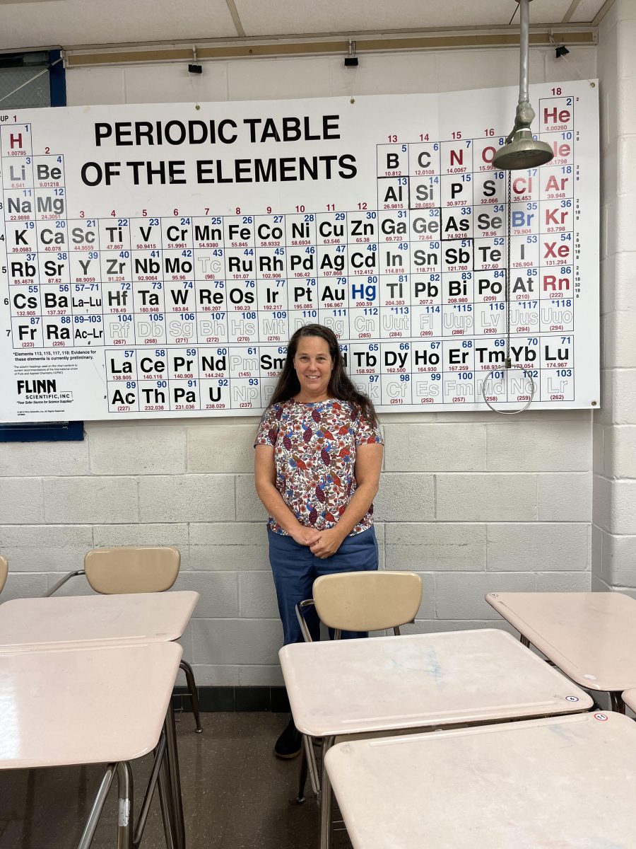 Honors and AP chemistry teacher Lori Ruderman presents the periodic table in a science classroom.