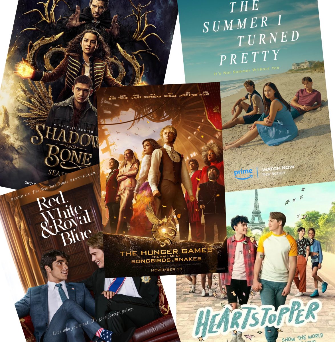 Movie posters of Shadow and Bone, The Summer I Turned Pretty, Red White & Royal Blue, Heartstopper and The Hunger Games The Ballad of Songbirds and Snakes, all of which are books turned to movies or TV shows released this year.